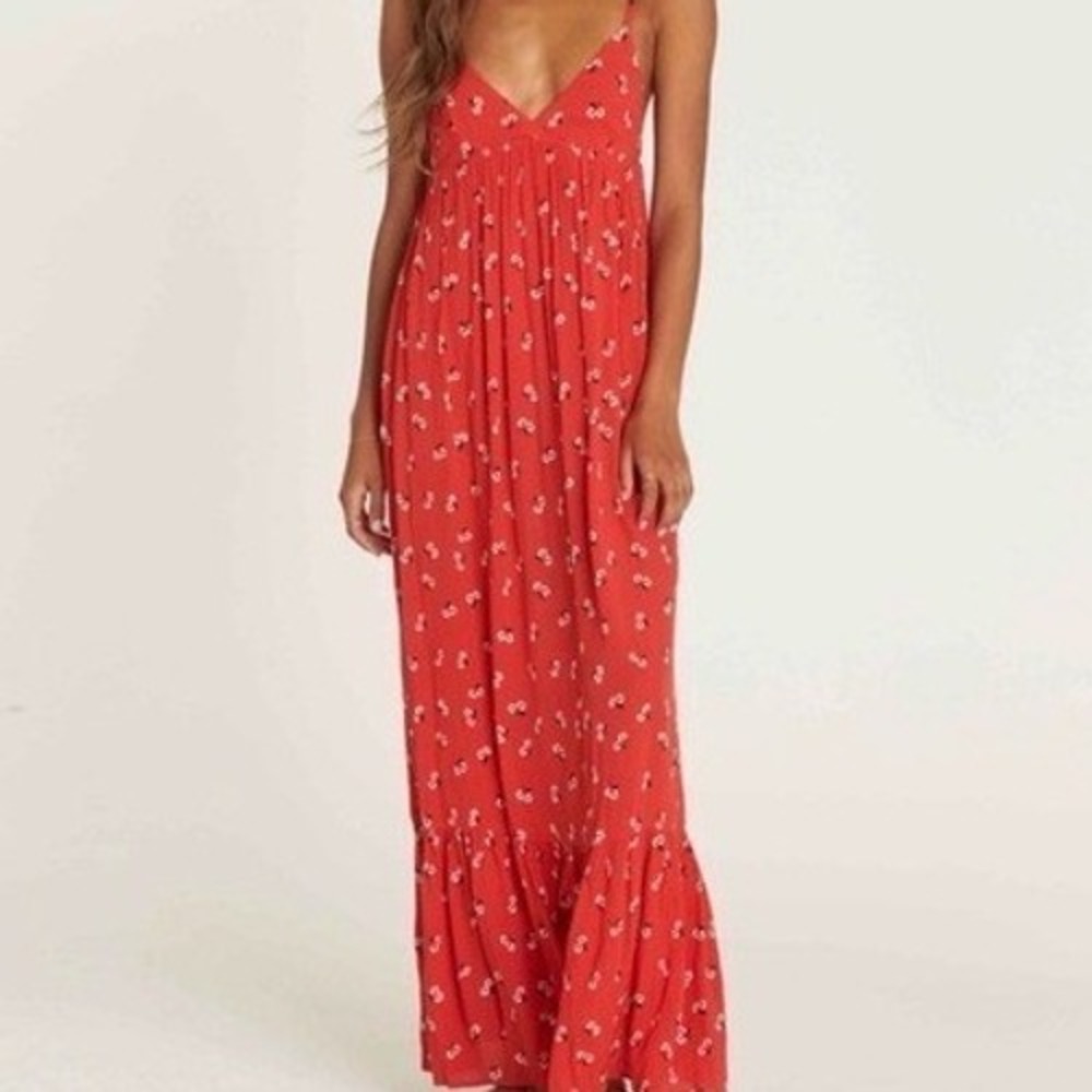Billabong Red Floral Spaghetti Strap Surplice Maxi Dress size small